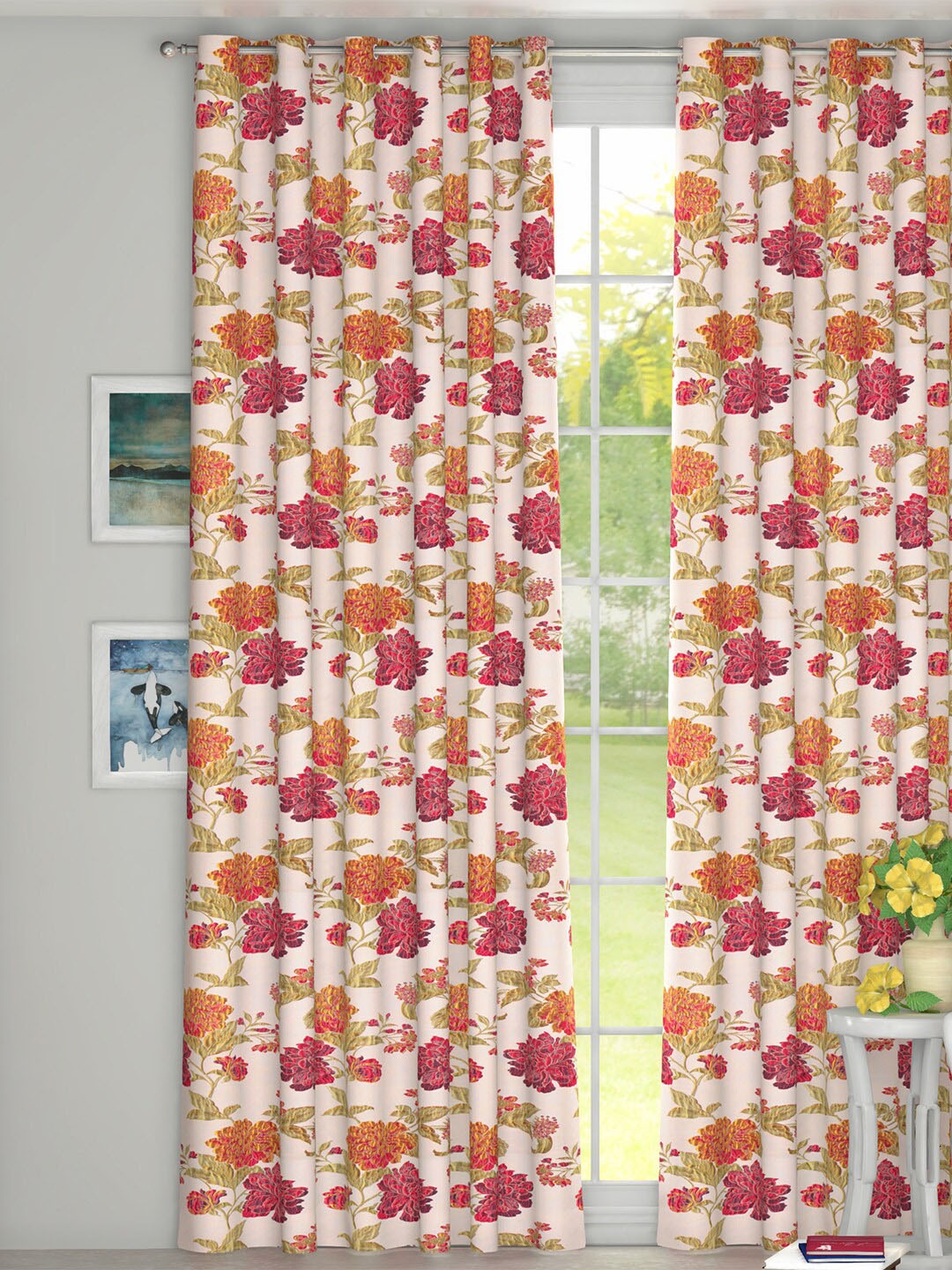 

GM Red & White Floral Print Room Darkening Single Window Curtain