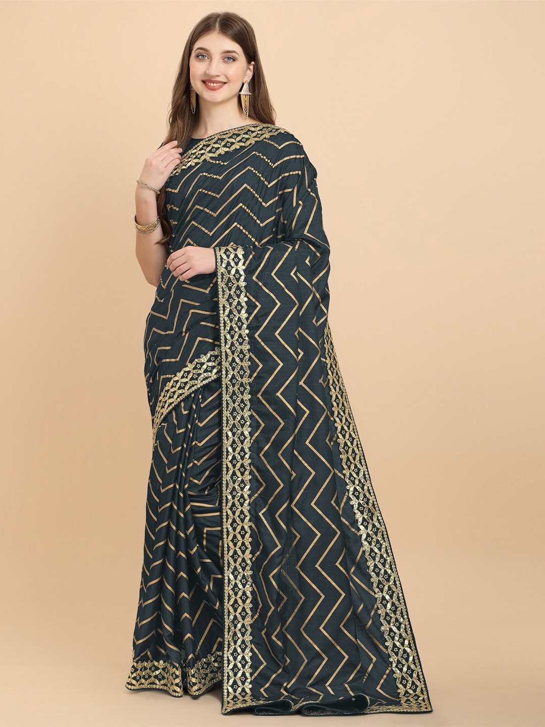 

Mitera Black & Gold-Toned Embroidered Silk Cotton Leheriya Saree