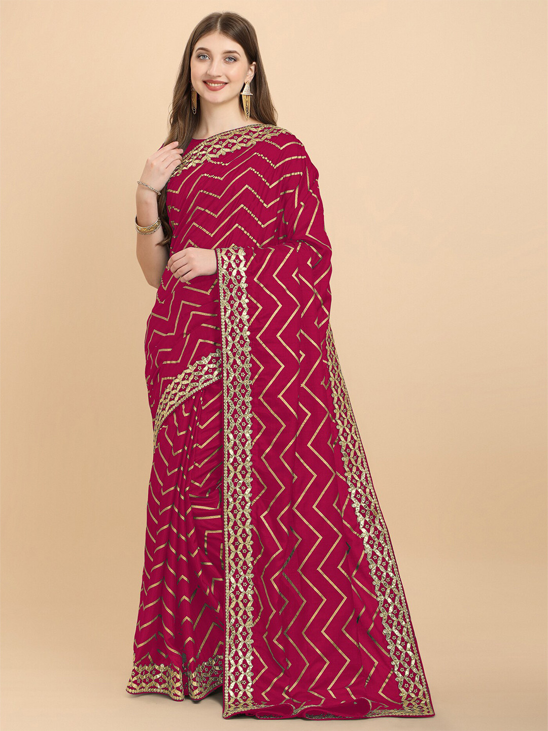 

Mitera Pink & Gold-Toned Striped Embroidered Silk Cotton Saree