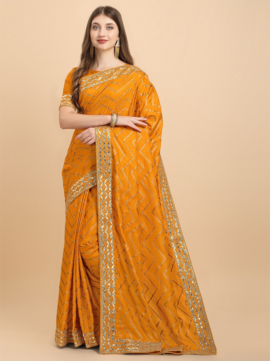 

Mitera Chevron Printed Gotta Patti Silk Cotton Leheriya Saree, Mustard