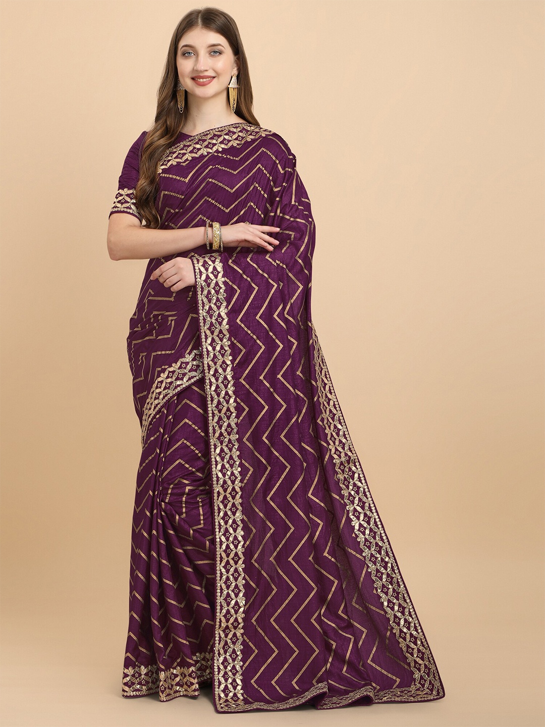 

Mitera Chevron Printed Gotta Patti Silk Cotton Leheriya Saree, Purple