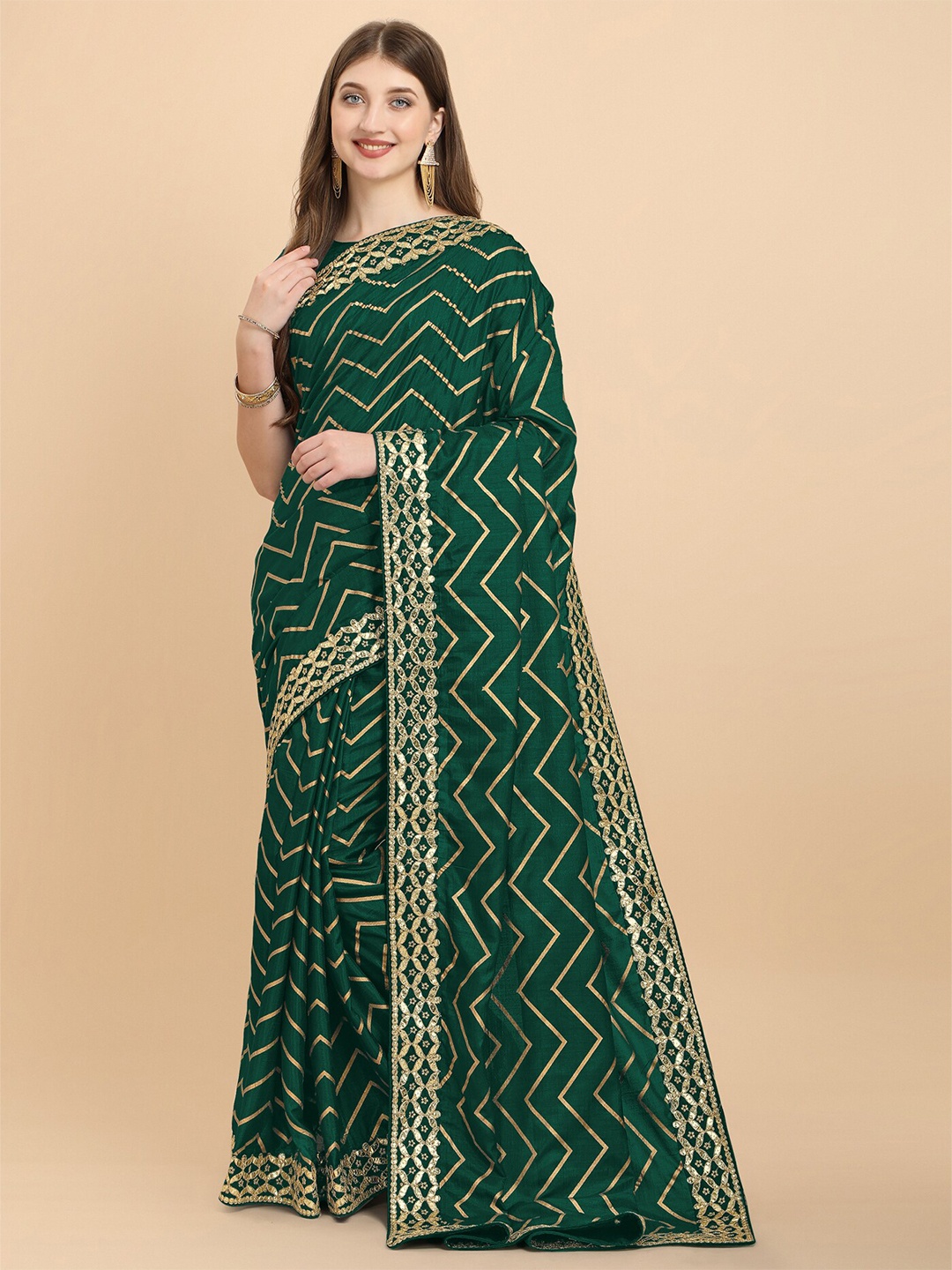 

Mitera Green & Gold-Toned Geometric Printed Embroidered Silk Cotton Saree