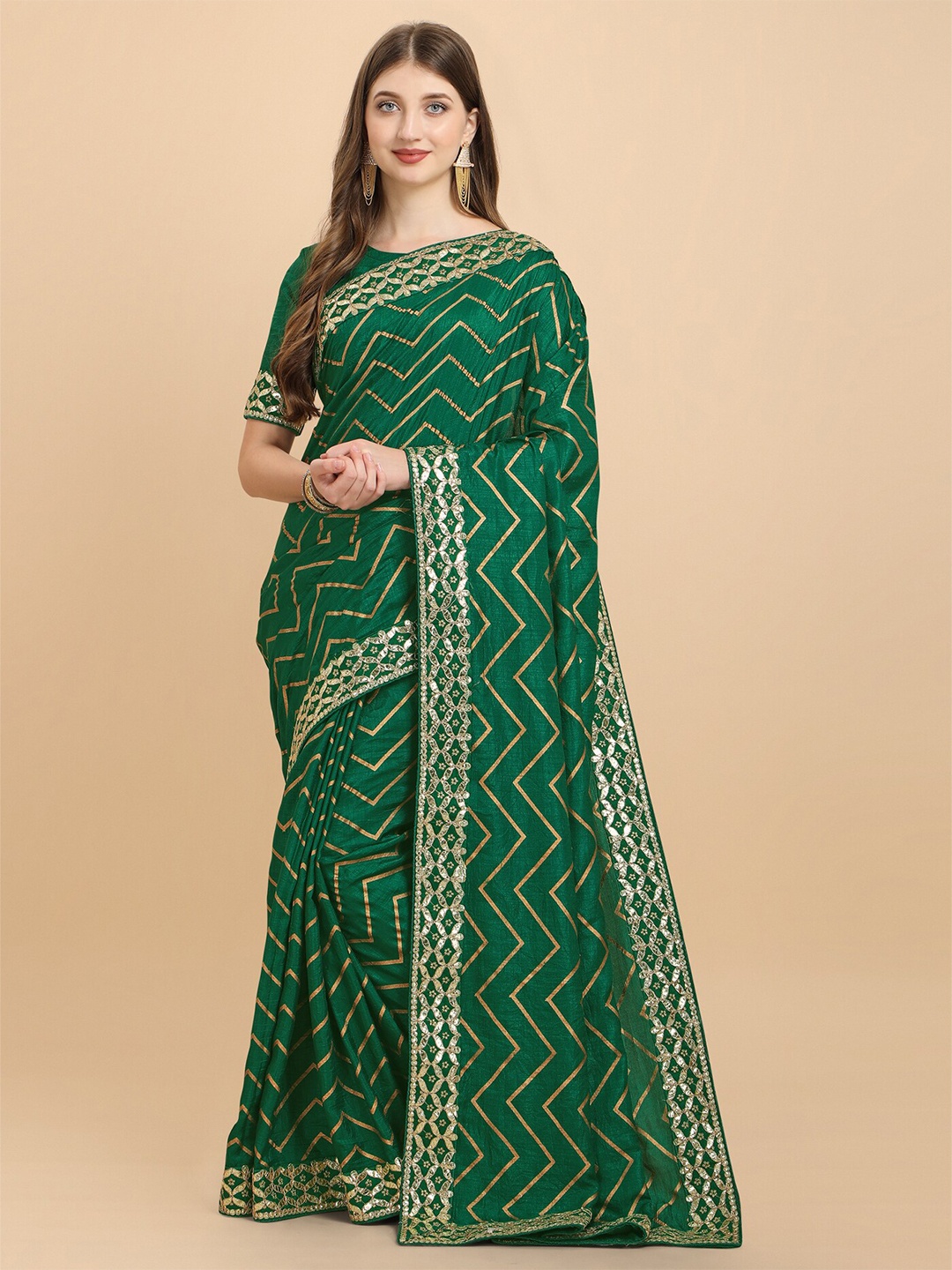 

Mitera Green & Gold Leheriya Embroidered Silk Cotton Saree With Blouse Piece