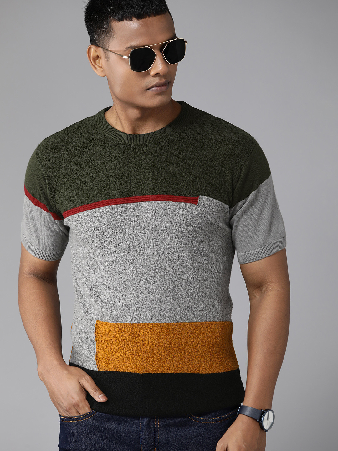 

Roadster Men Flat Knitted Colourblocked Pure Cotton T-shirt, Olive