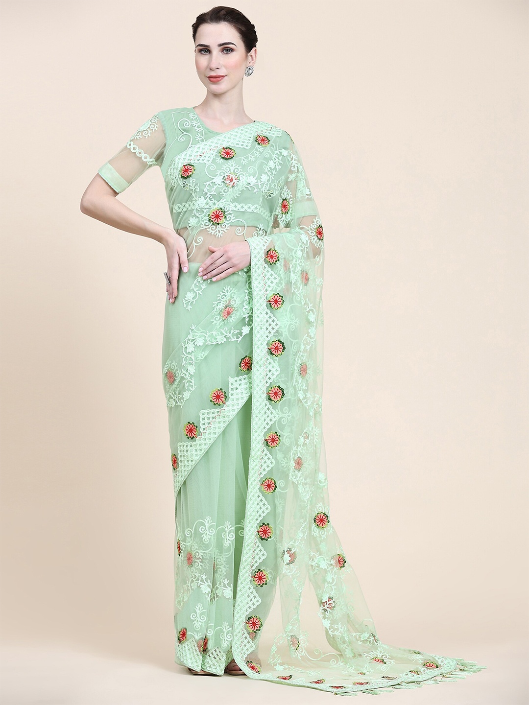 

Mitera Green & White Floral Embroidered Net Saree