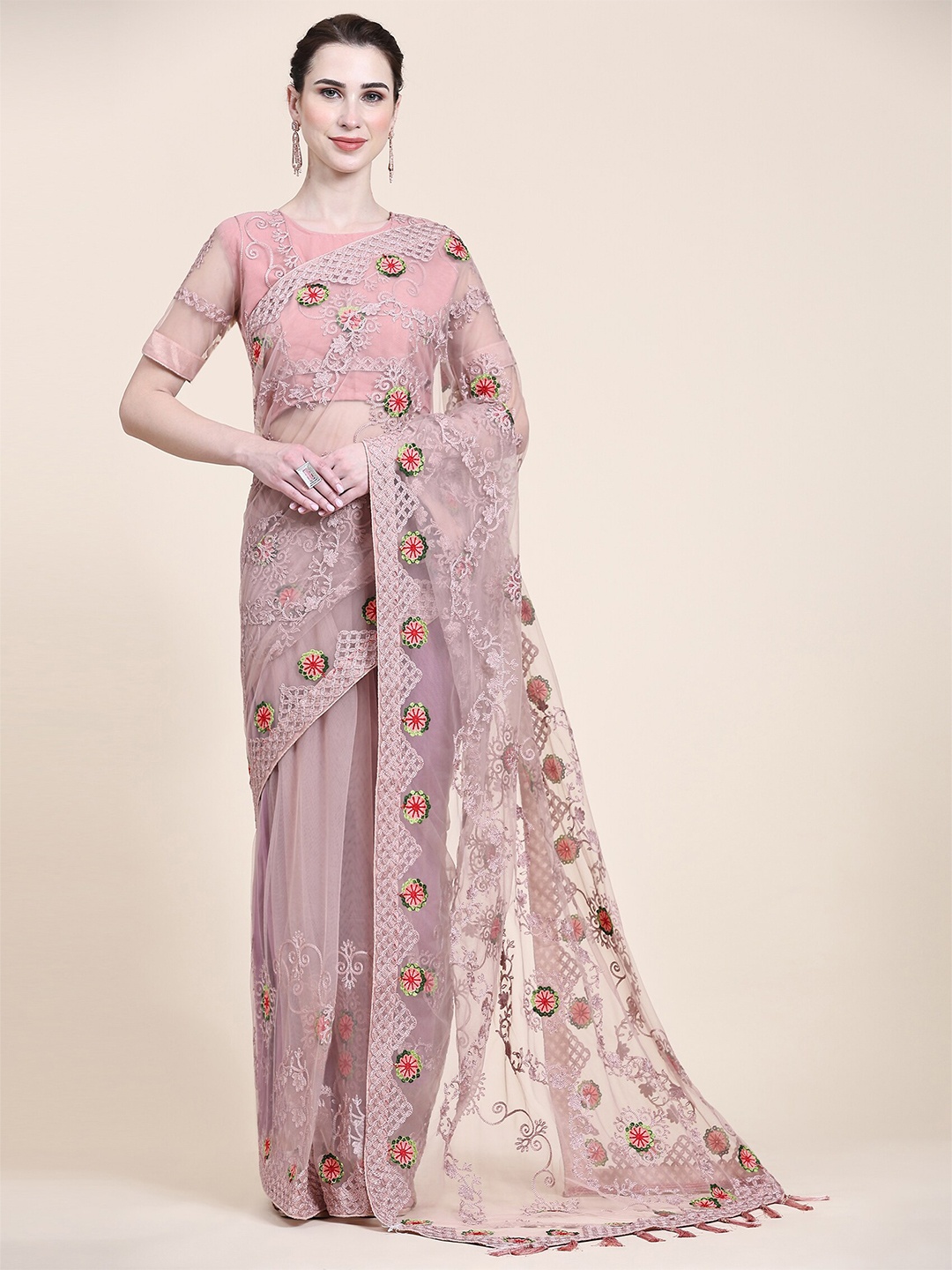

Mitera Rose Gold & Pink Floral Embroidered Net Saree