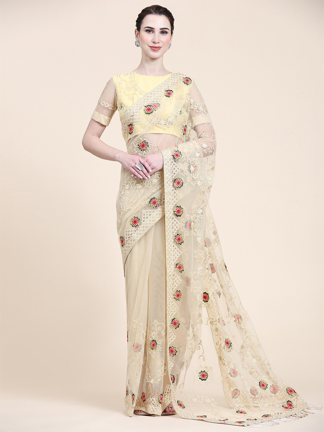 

Mitera Yellow & Pink Floral Embroidered Net Saree