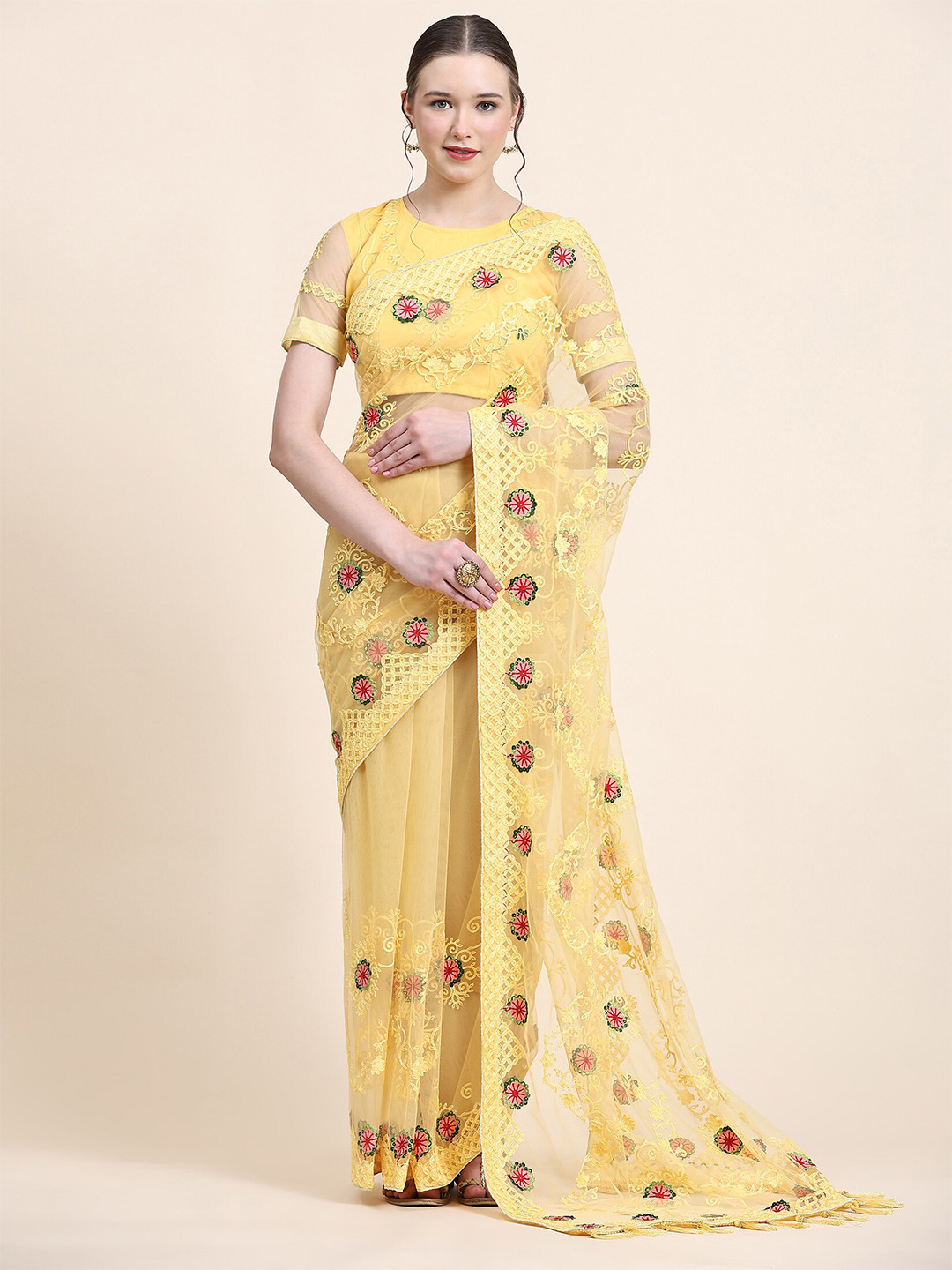 

Mitera Yellow & Red Floral Embroidered Net Saree