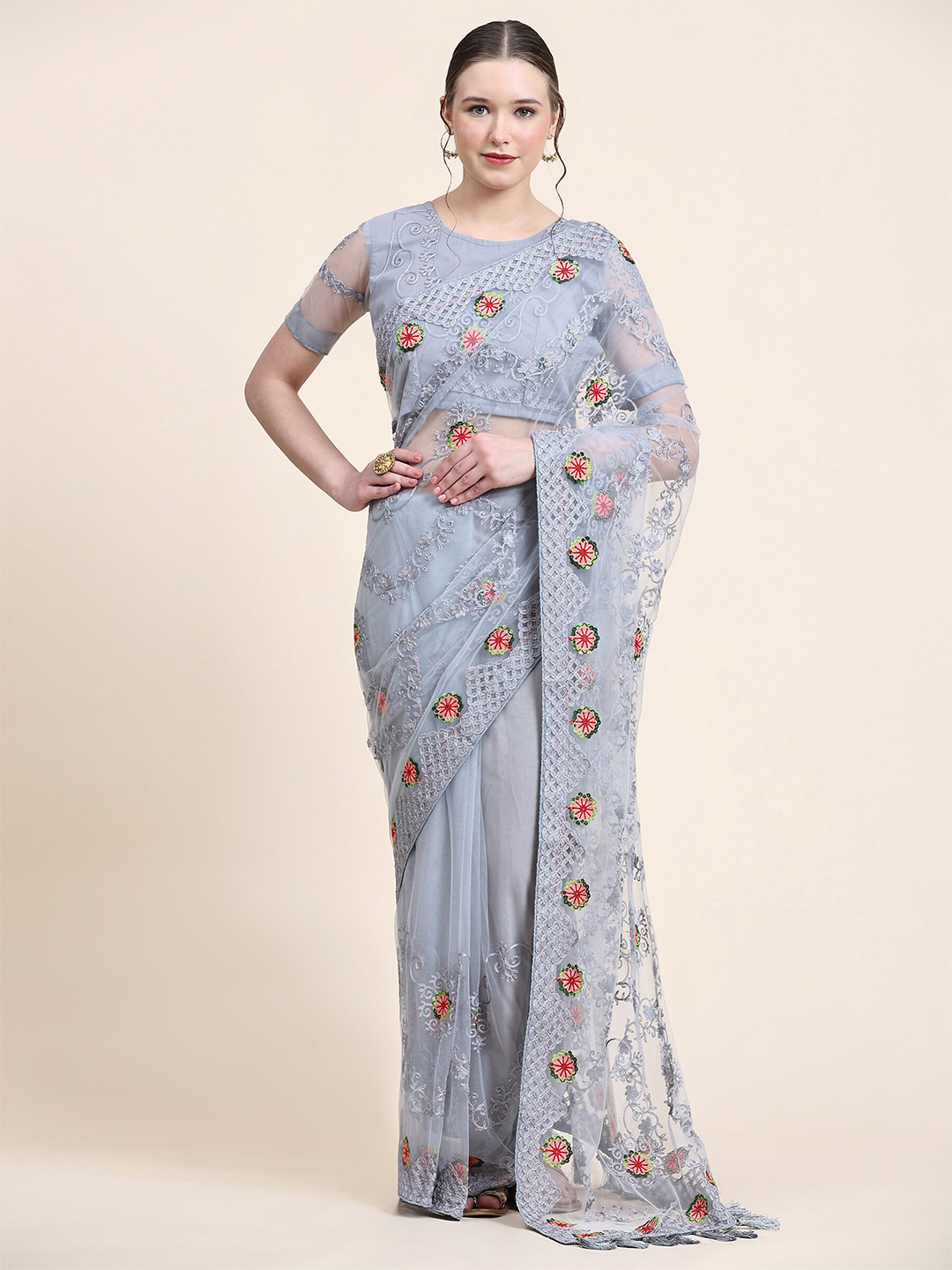 

Mitera Grey & Red Floral Embroidered Net Saree
