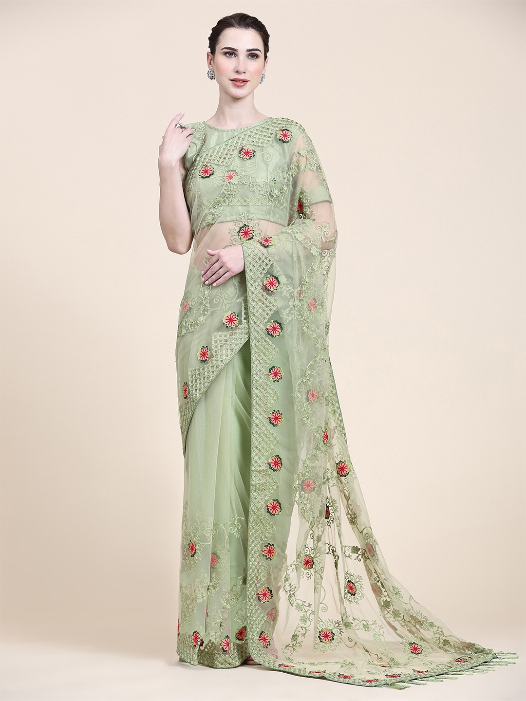 

Mitera Olive Green & Red Floral Embroidered Net Saree