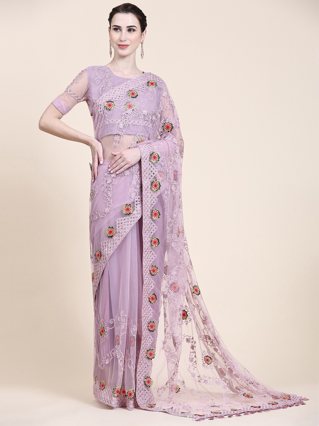 

Mitera Purple & Red Floral Embroidered Net Saree