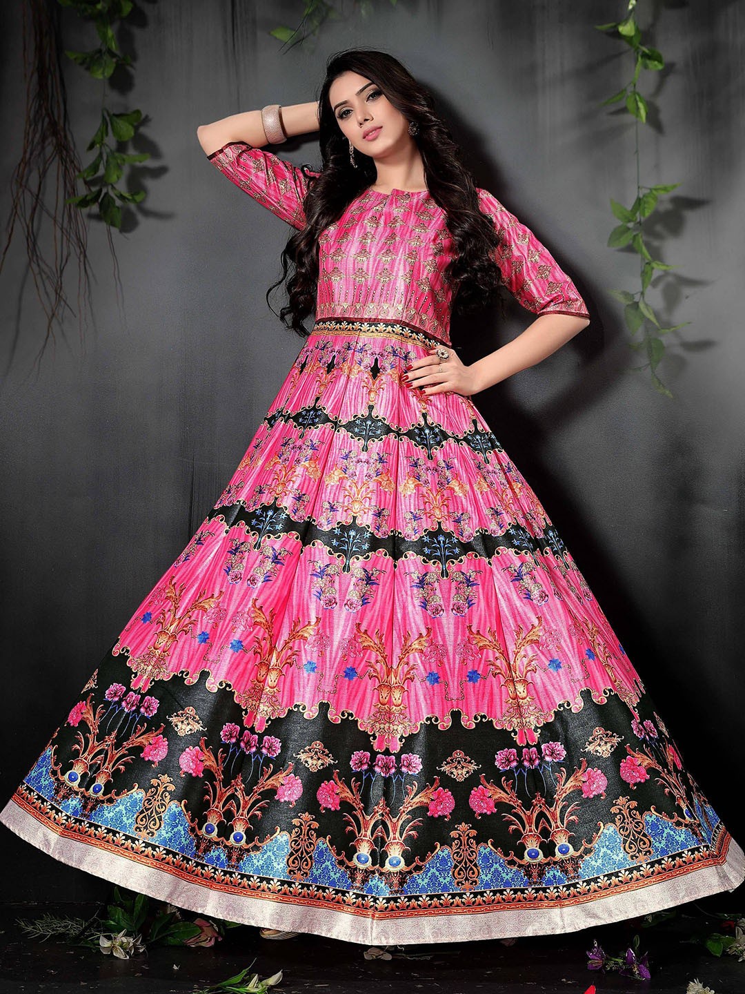 

Zeel Clothing Ethnic Motifs Printed Panelled Maxi Gown, Pink