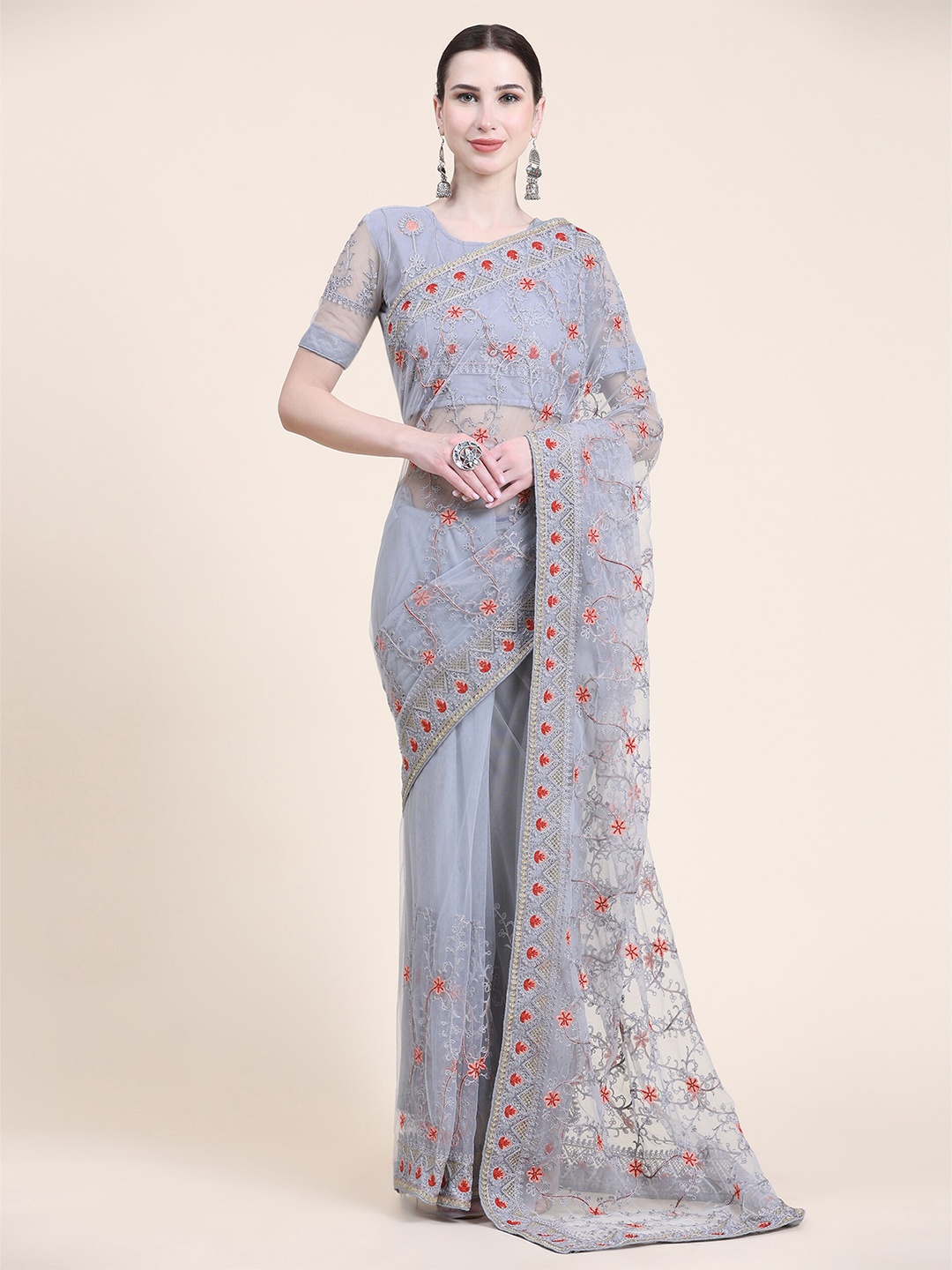 

Mitera Grey & Red Floral Embroidered Net Saree