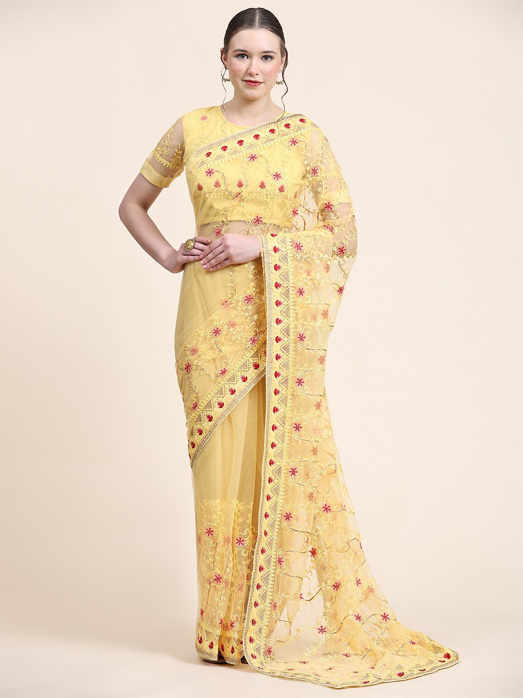 

Mitera Yellow & Red Floral Embroidered Net Saree