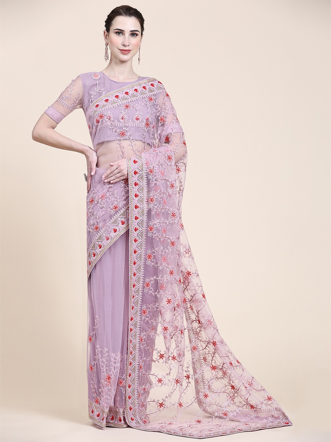 

Mitera Purple & Red Floral Embroidered Net Saree