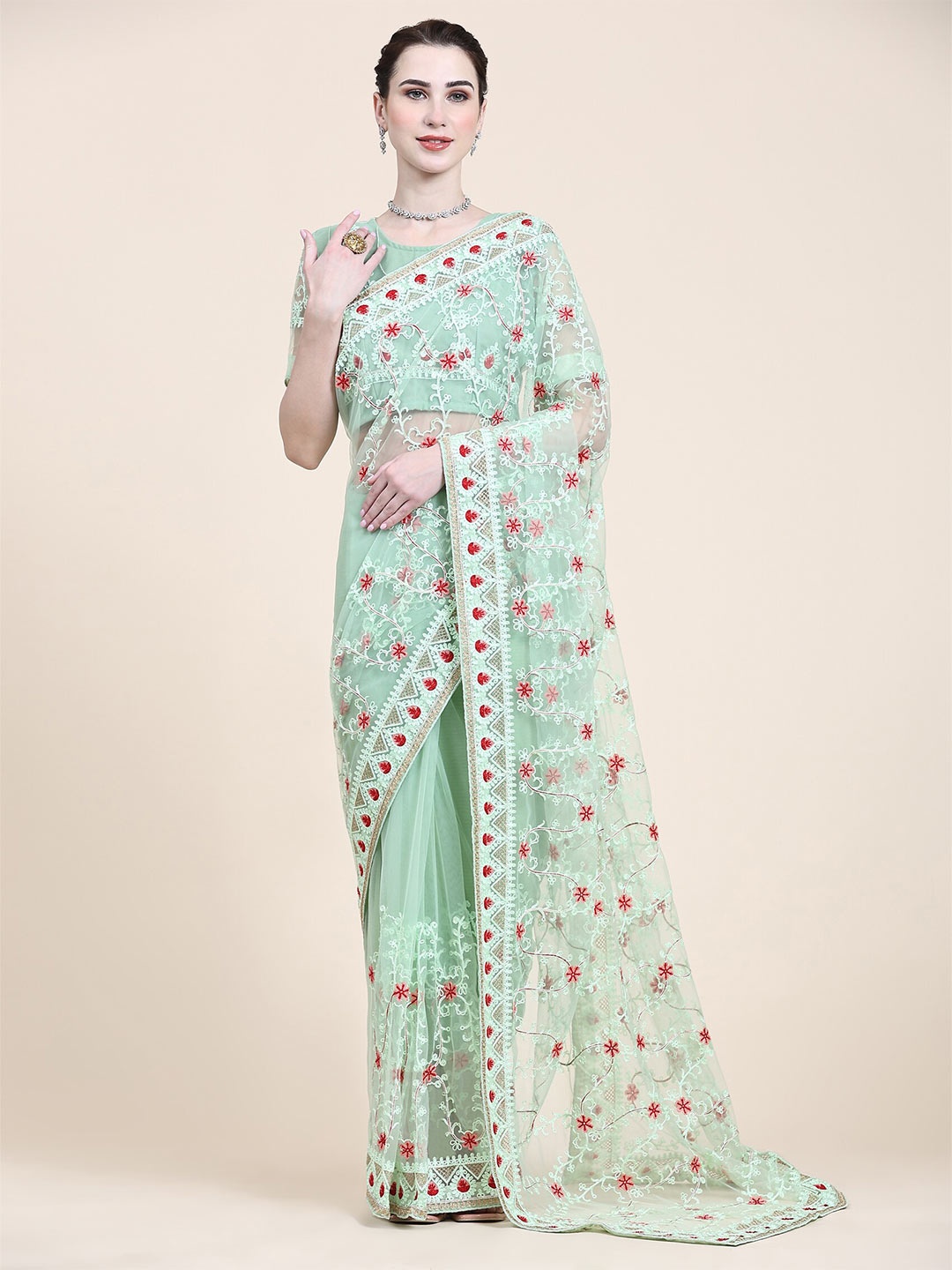 

Mitera Green & Red Floral Embroidered Net Saree