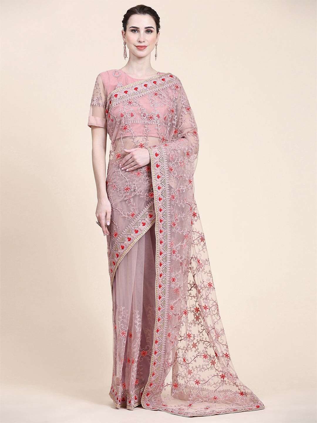 

Mitera Rose & Red Floral Embroidered Net Saree