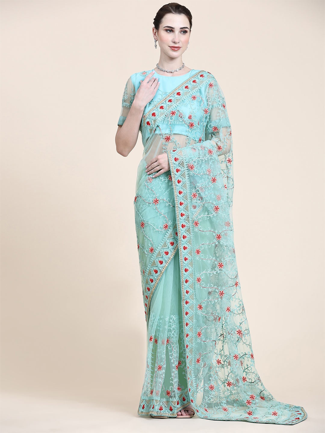 

Mitera Turquoise Blue & Red Floral Embroidered Net Saree