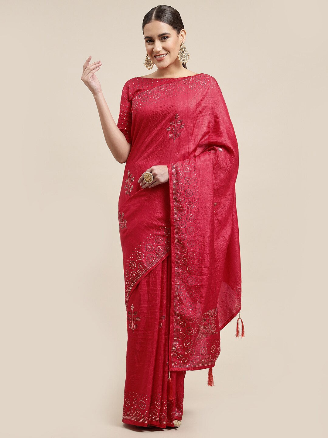 

Mitera Red Embellished Silk Cotton Saree With Blouse Piece