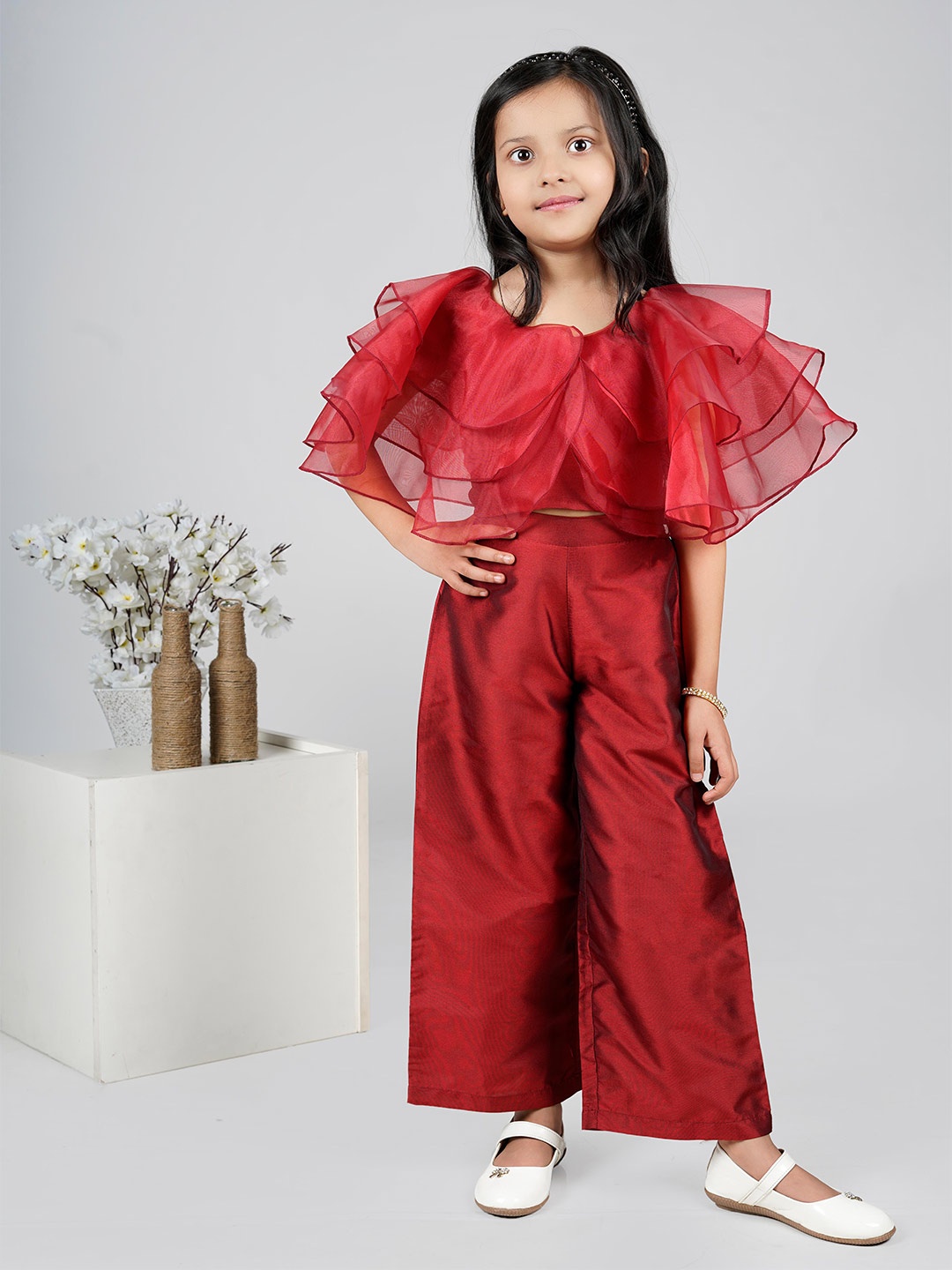 

Jelly Jones Girls Ruffles Detail Pure Silk Top With Palazzos, Maroon