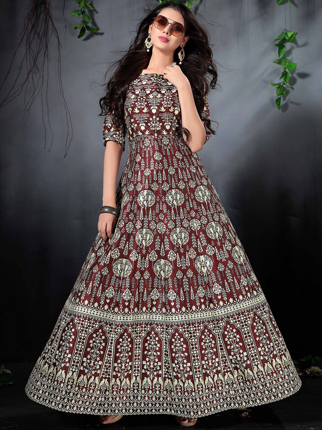 

Zeel Clothing Ethnic Motifs Printed Panelled Maxi Gown, Brown