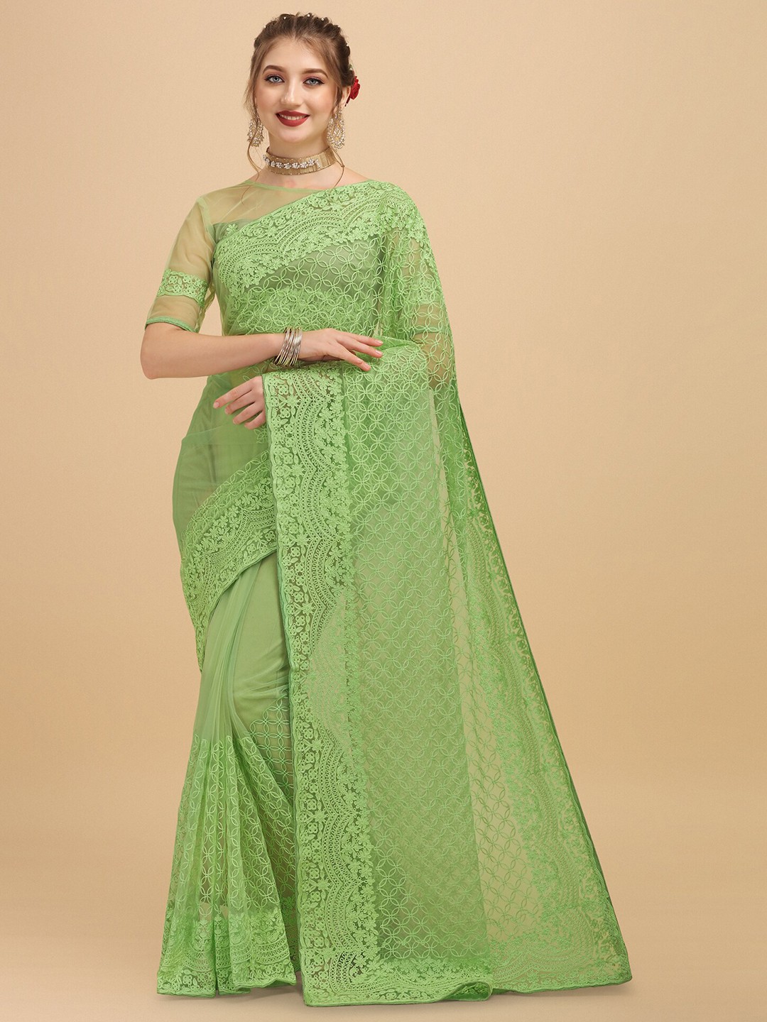 

Mitera Green Floral Embroidered Net Saree