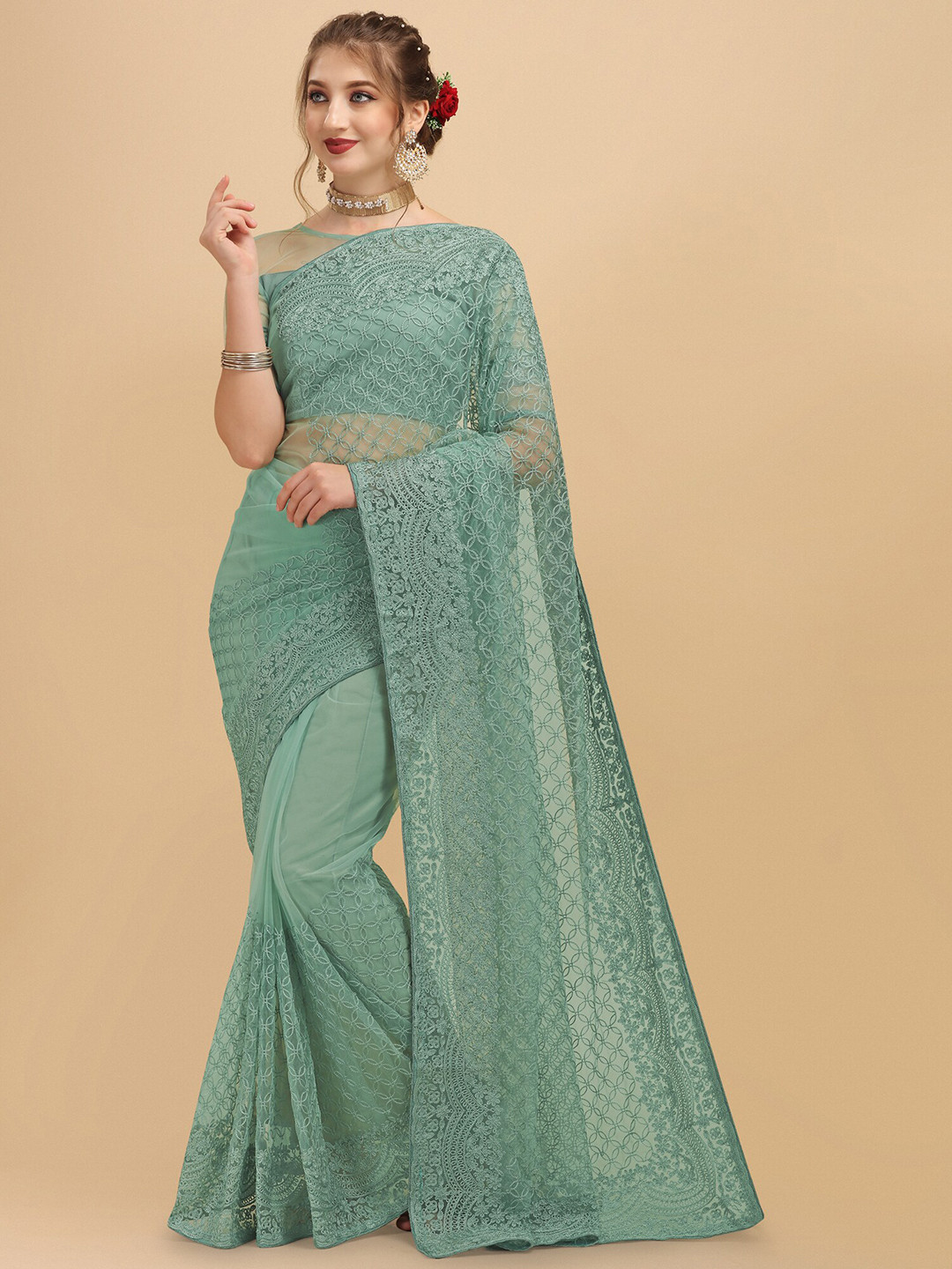 

Mitera Sea Green Floral Embroidered Net Saree