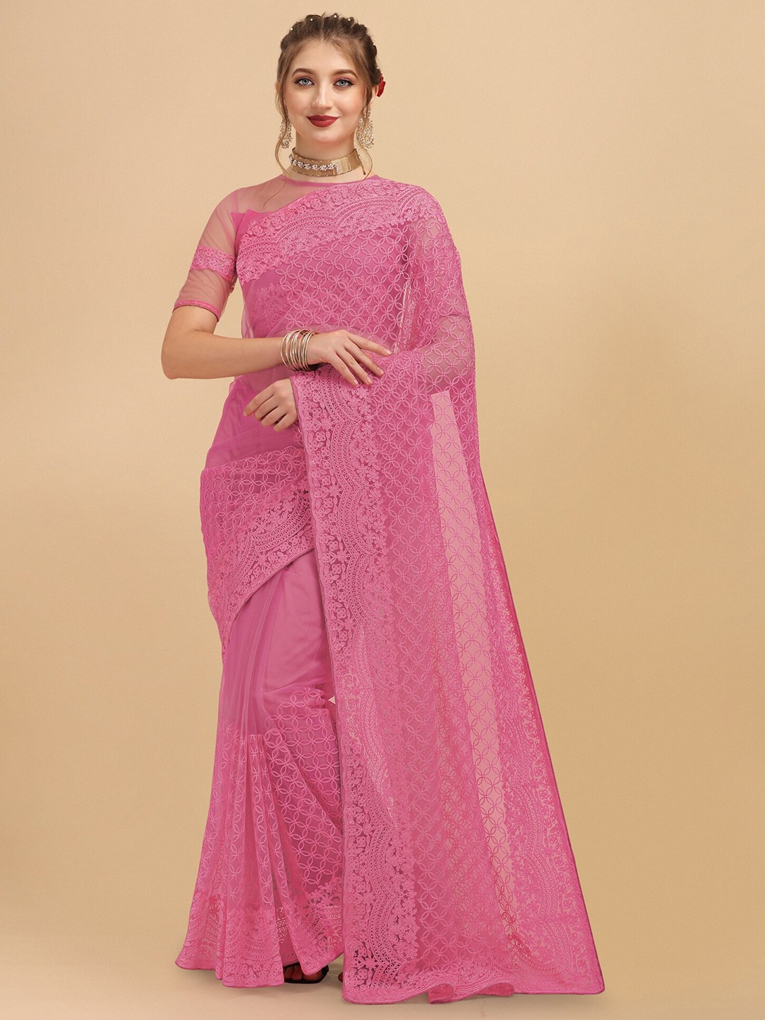 

Mitera Pink Floral Embroidered Net Saree With Blouse Piece