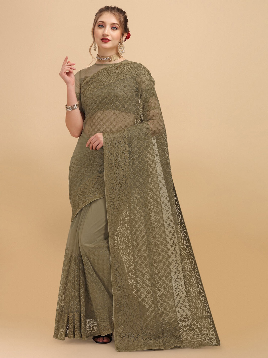 

Mitera Tan Floral Embroidered Net Saree