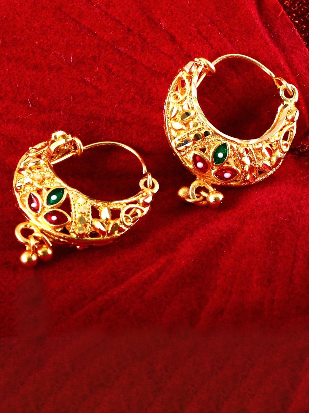 

MEENAZ Set Of 2 Gold-Plated Stone-Studded Circular Hoop Earrings