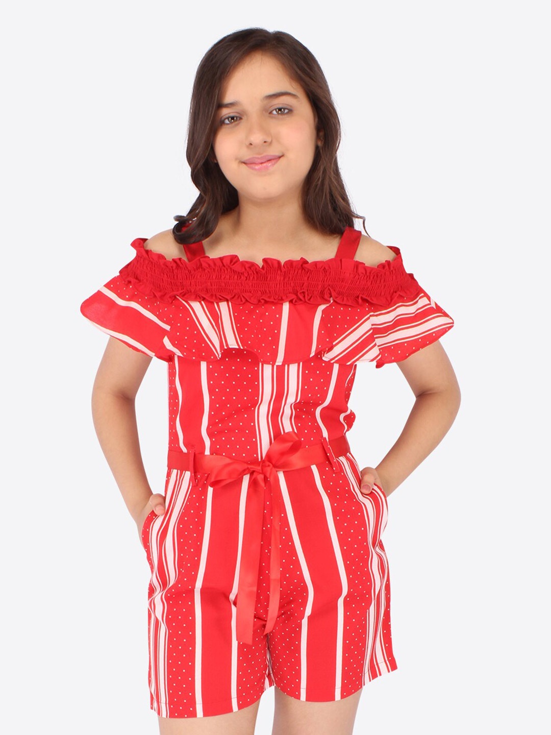 

CUTECUMBER Girls Striped Waist Tie-Ups Jumpsuit, Red