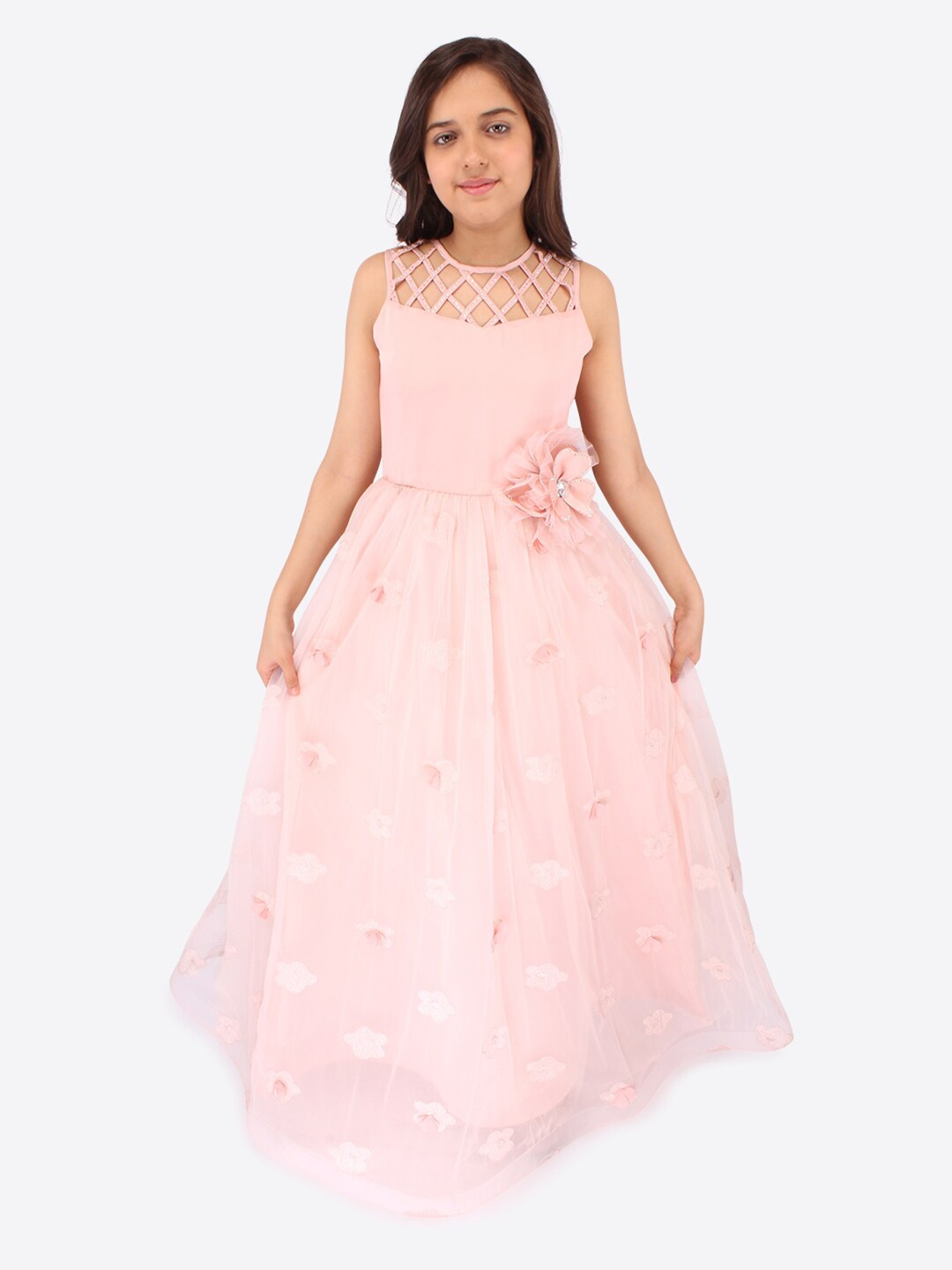 

CUTECUMBER Girls Floral Net Fit & Flare Maxi Dress, Pink