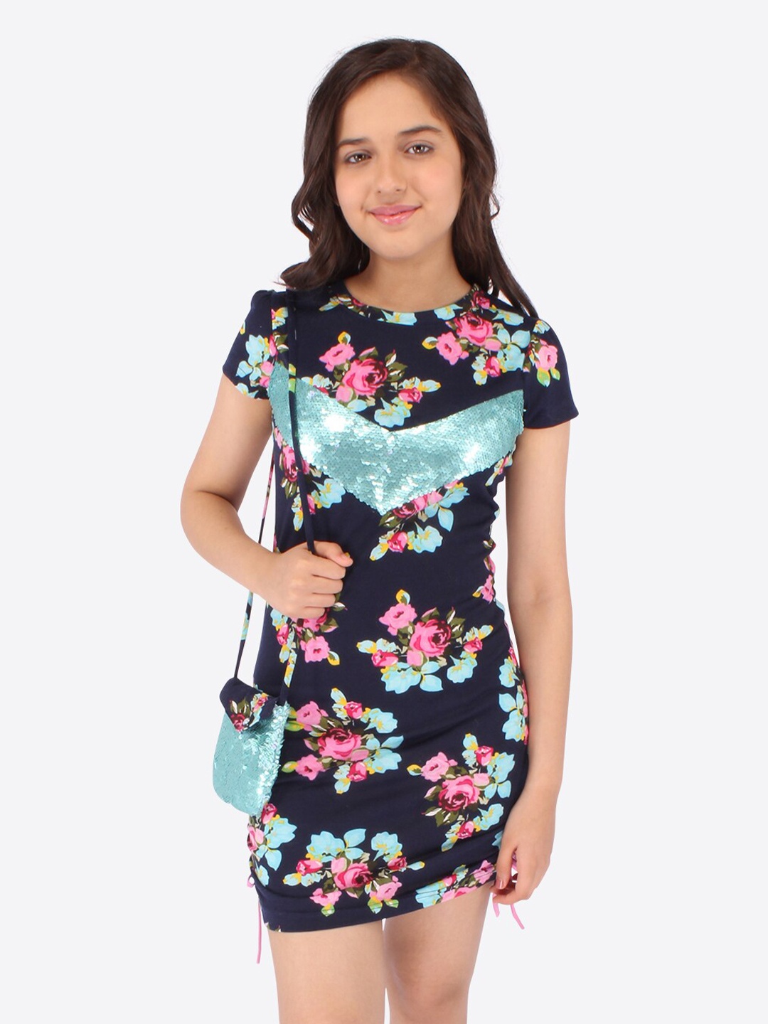 

CUTECUMBER Girls Floral Print Sheath Dress, Navy blue