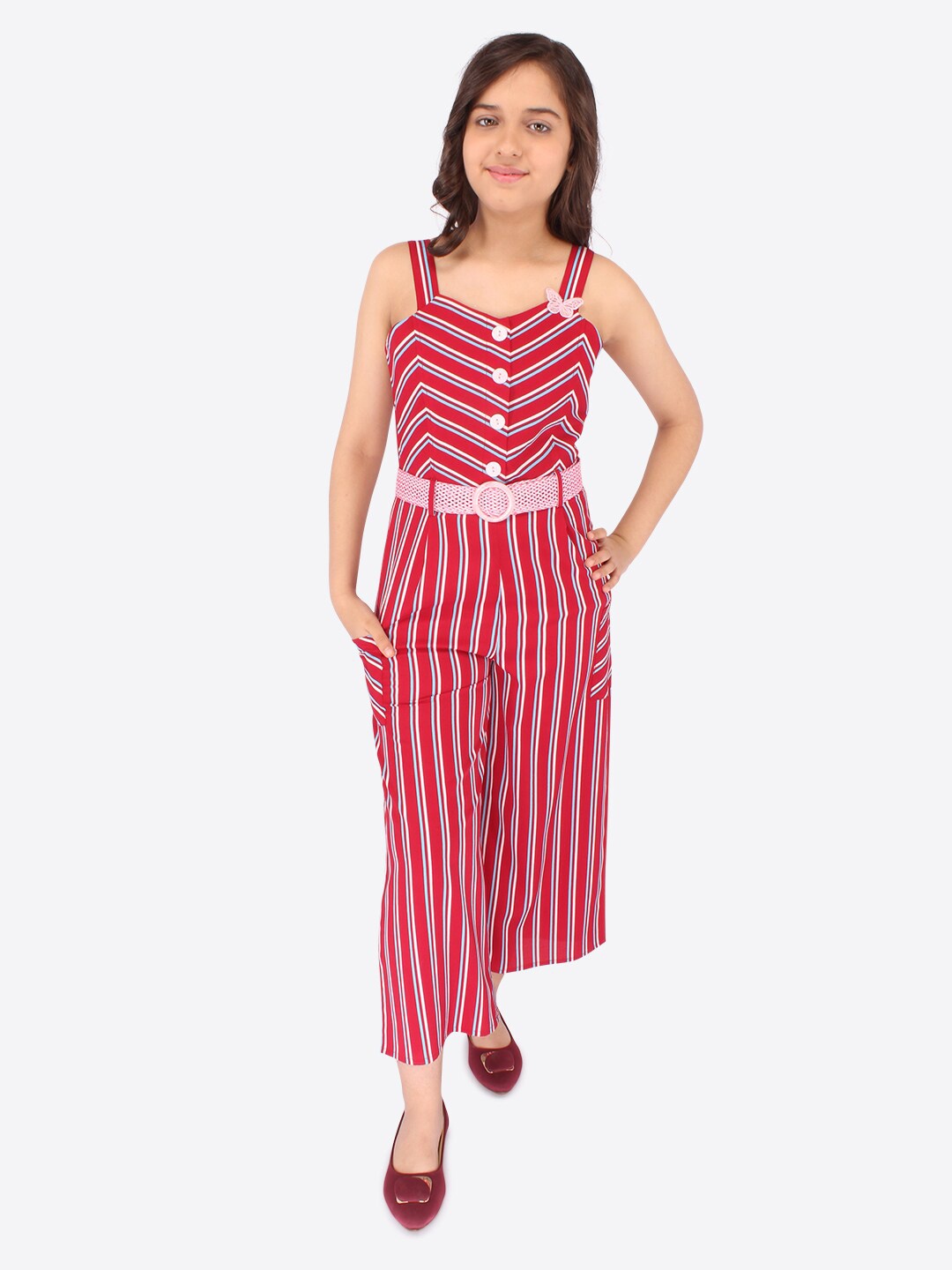 

CUTECUMBER Girls Striped Basic Jumpsuit, Red