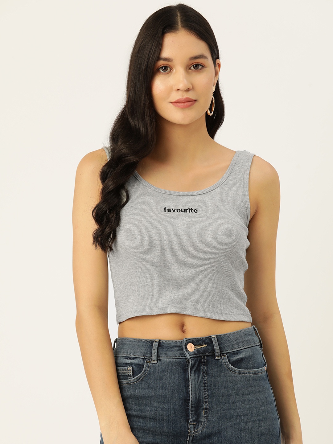 

Malachi Cotton Printed Detail Fitted Crop Top, Grey