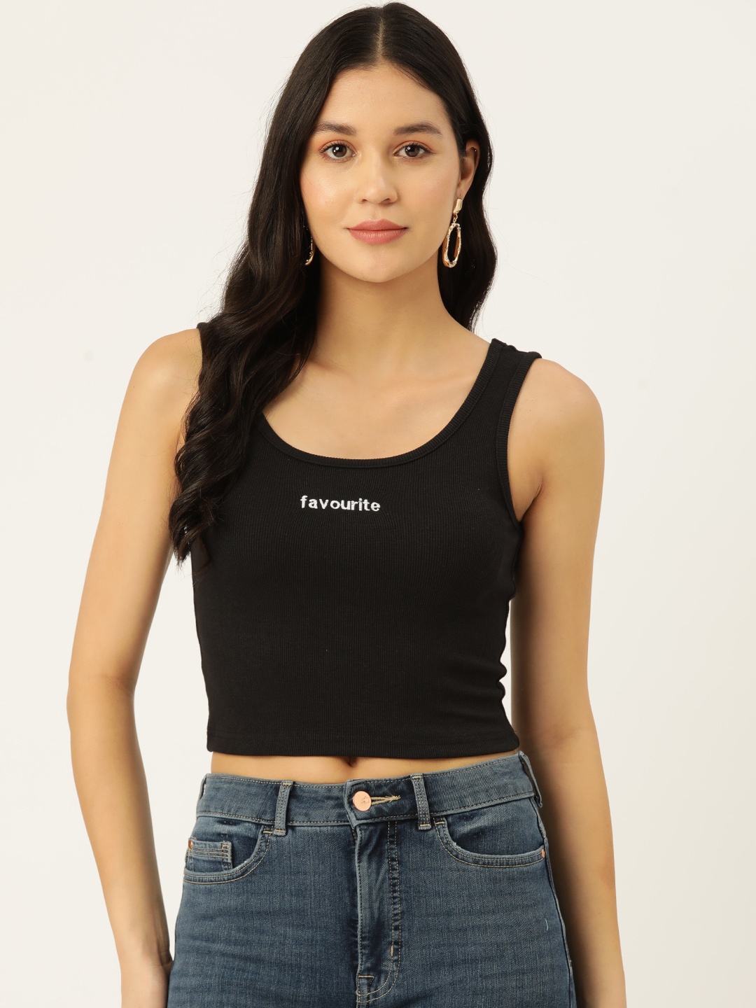 

Malachi Cotton Printed Detail Fitted Crop Top, Black