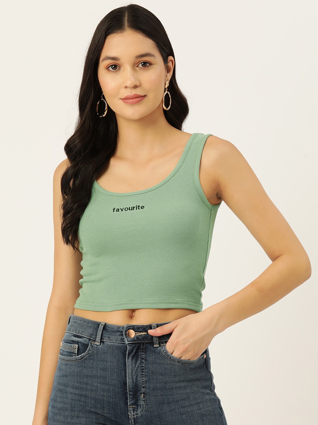 

Malachi Cotton Printed Detail Fitted Crop Top, Green