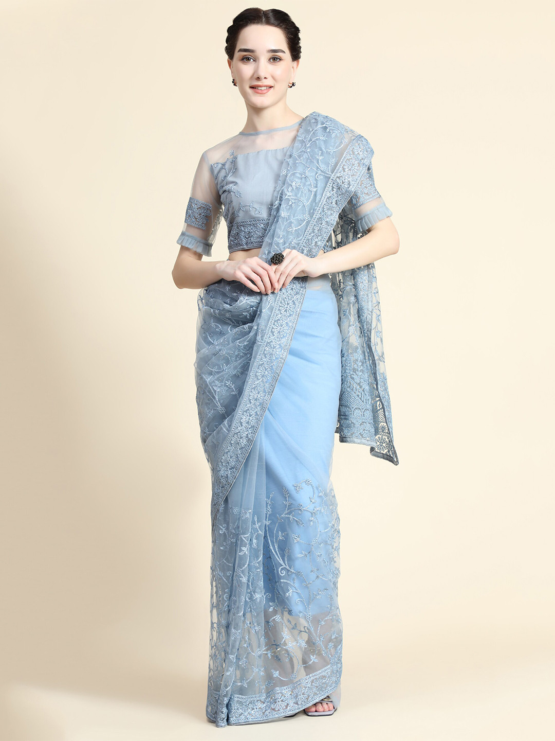 

Mitera Blue Floral Embroidered Net Saree