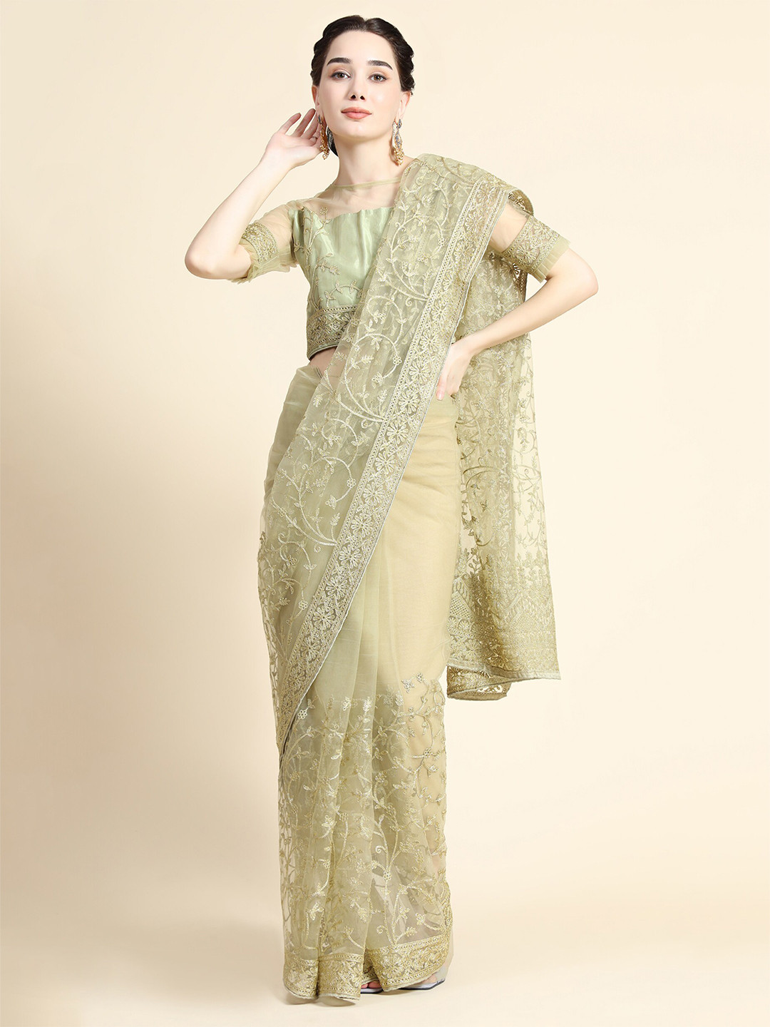 

Mitera Beige Floral Embroidered Net Saree