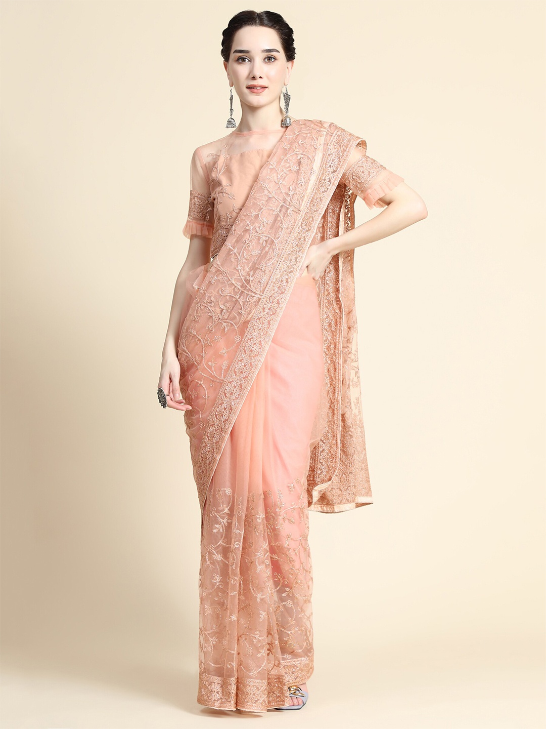 

Mitera Floral Embroidered Net Saree, Peach