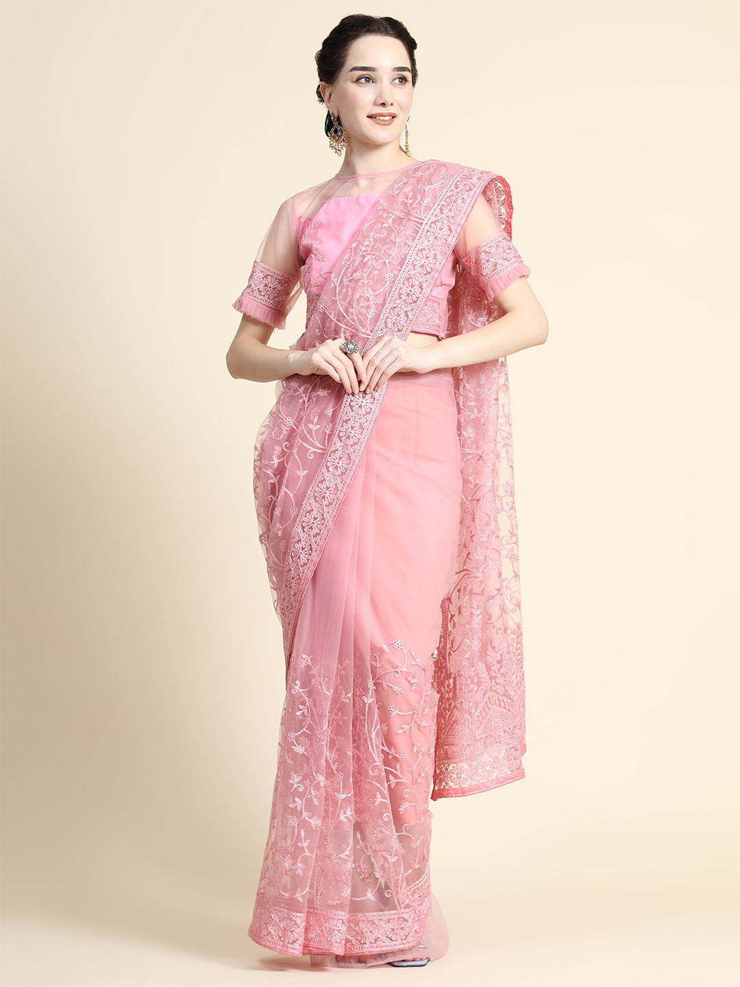 

Mitera Floral Embroidered Net Saree, Pink