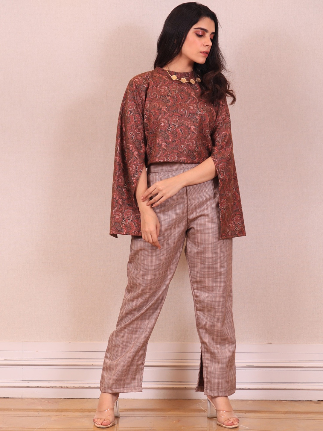 

Simaaya Ethnic Motifs Printed Linen Top With Trousers, Brown