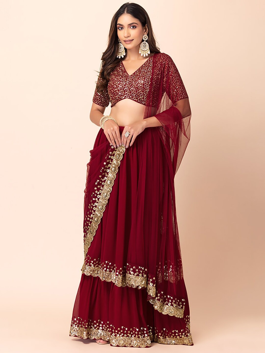 

FABPIXEL Embellished Sequinned Semi-Stitched Lehenga Choli With Dupatta, Maroon