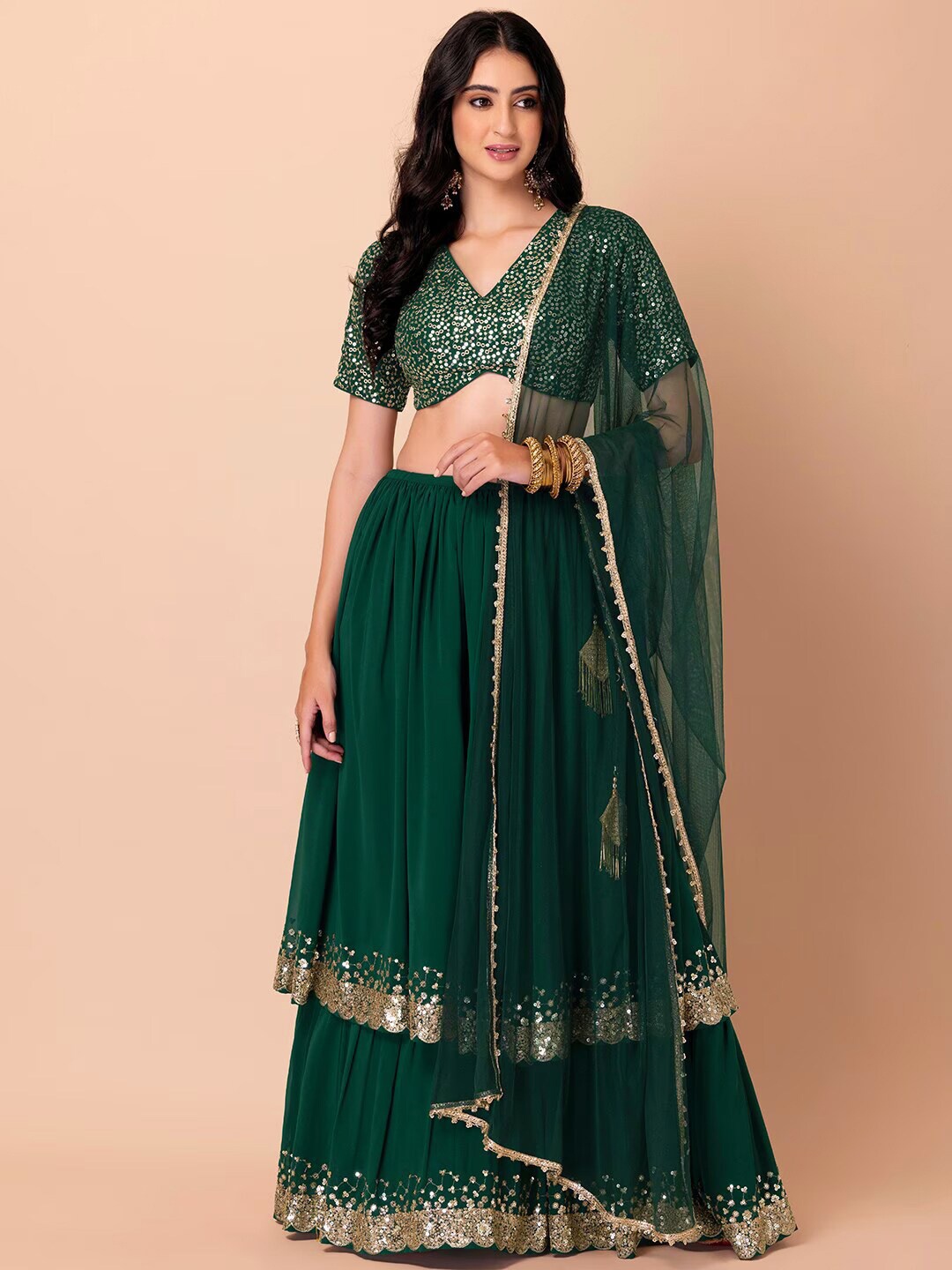 

FABPIXEL Embellished Sequinned Semi-Stitched Lehenga Choli With Dupatta, Green