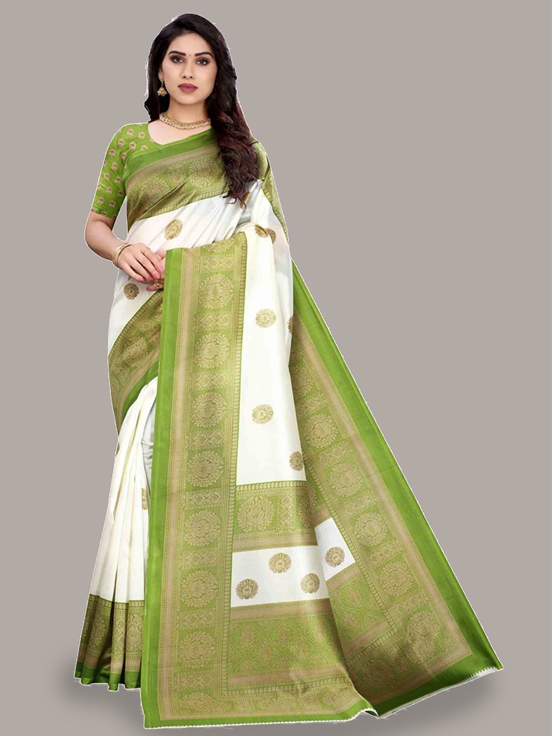 

MAGMINA Ethnic Motifs Printed Kanjeevaram Saree, Olive