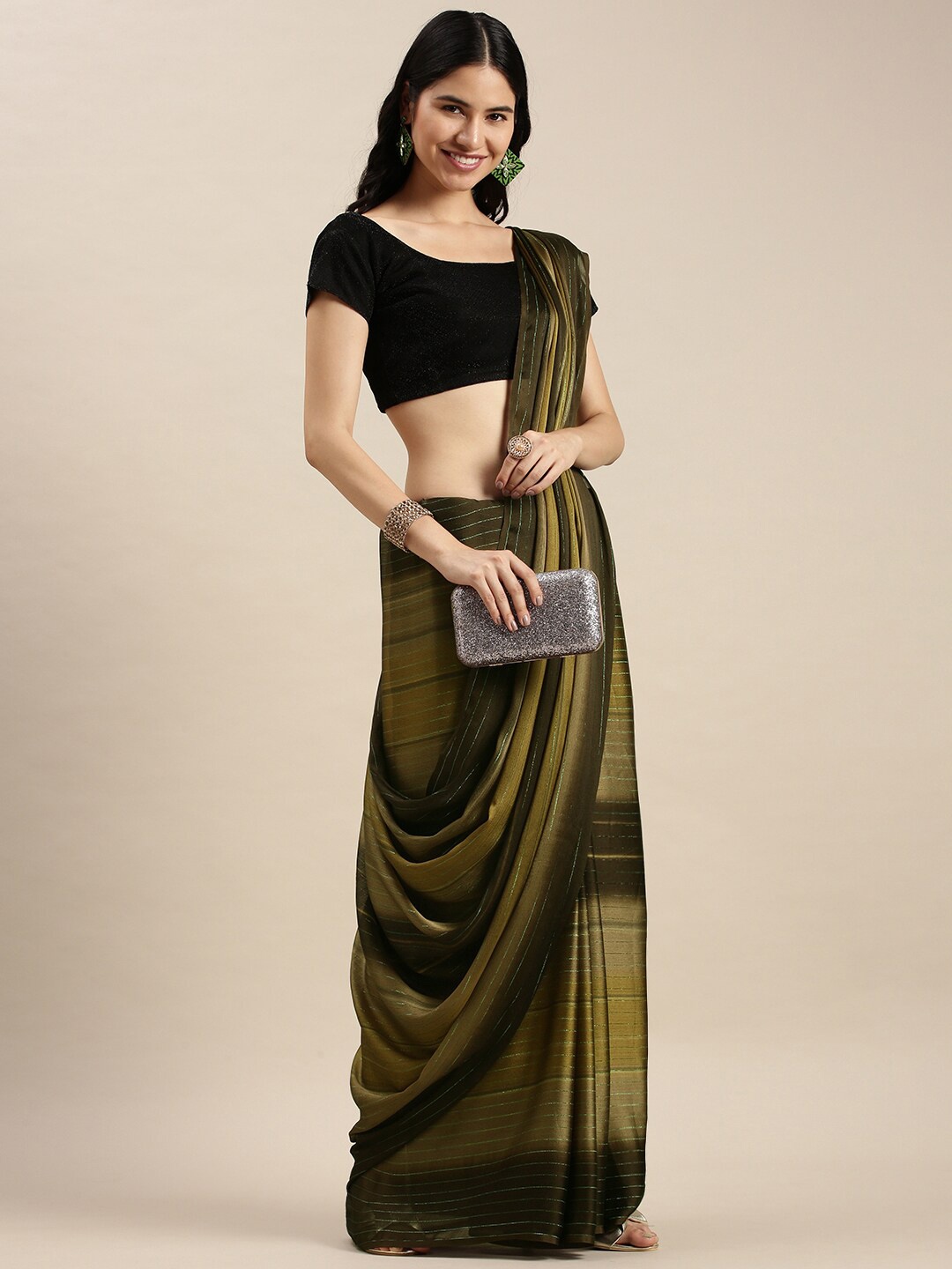 

Mitera Brown & Green Striped Pure Georgette Saree