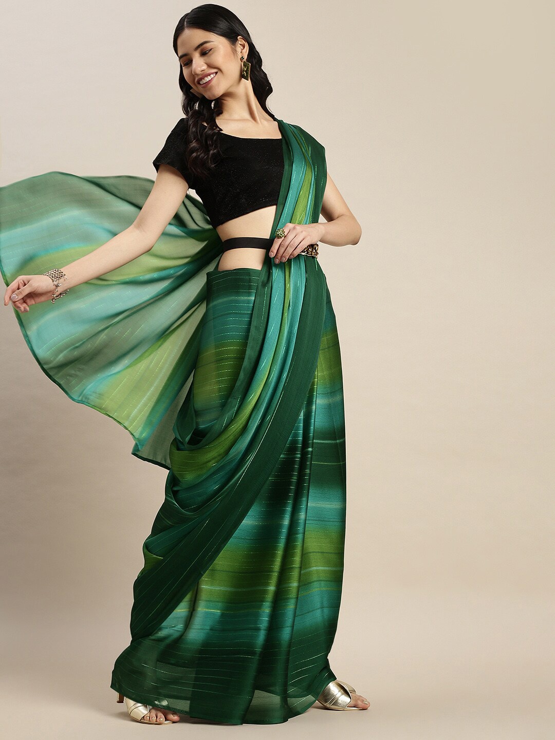 

Mitera Green Striped Pure Georgette Saree