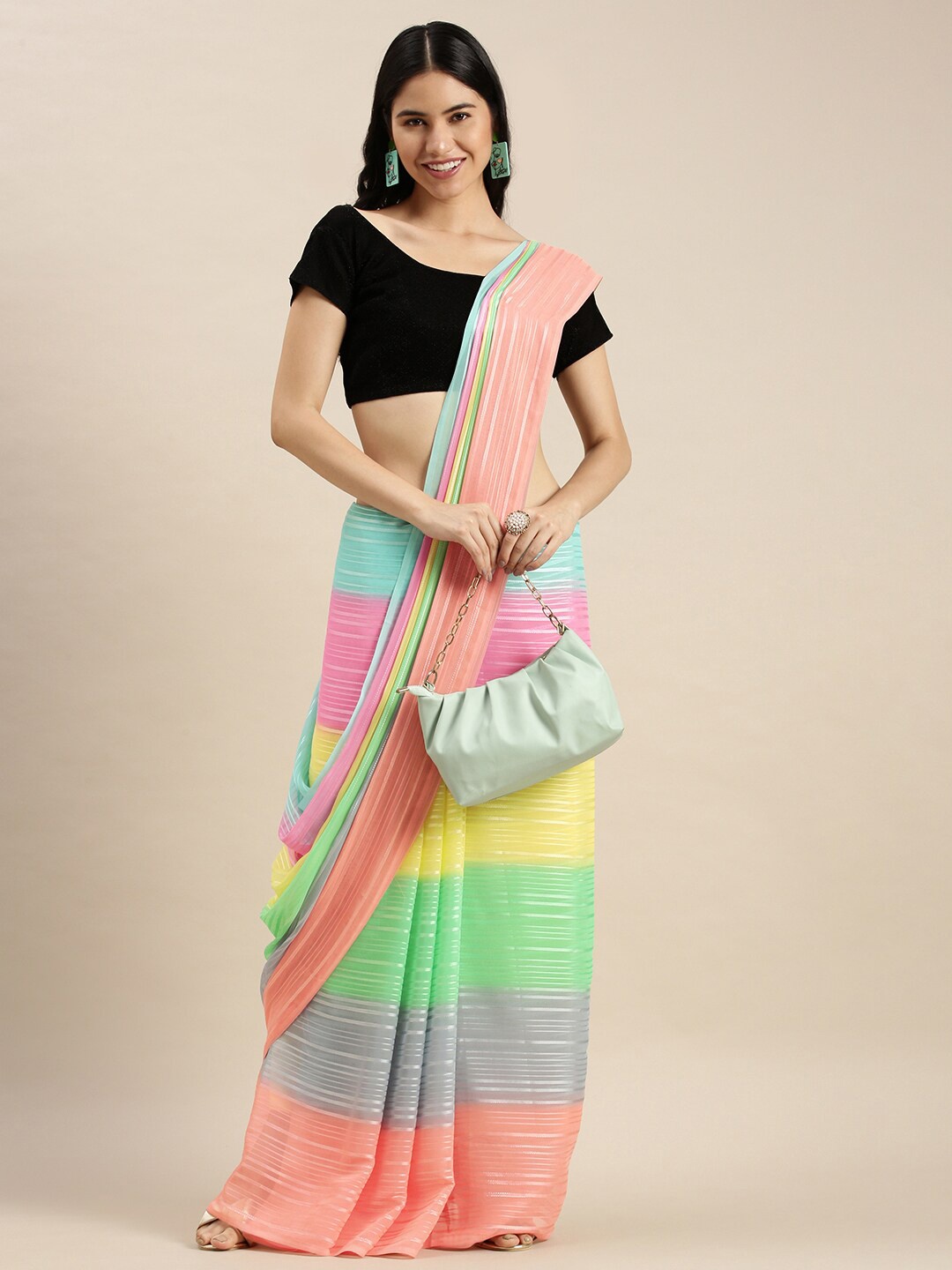 

Mitera Green & Yellow Striped Pure Georgette Saree