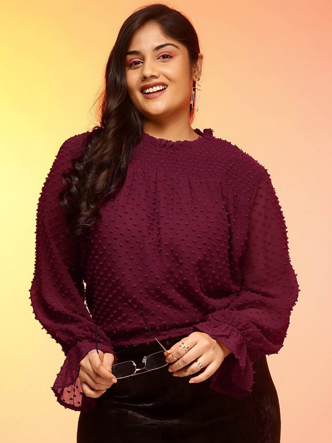 

CURVE BY KASSUALLY Maroon Plus Size Self Design Smocked Round Neck Top