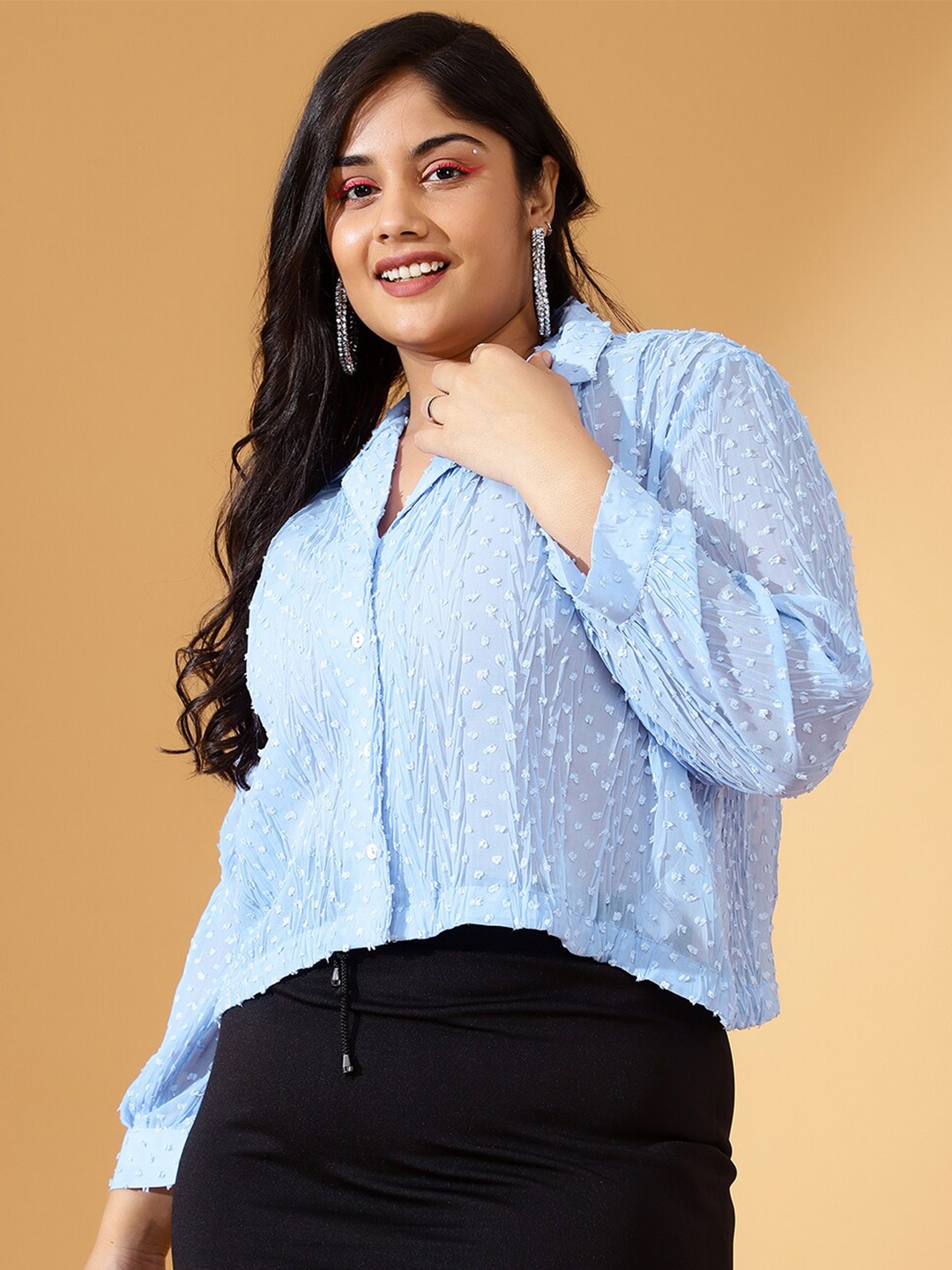 

CURVE BY KASSUALLY Self Deisgn Spread Collar Casual Shirt, Blue